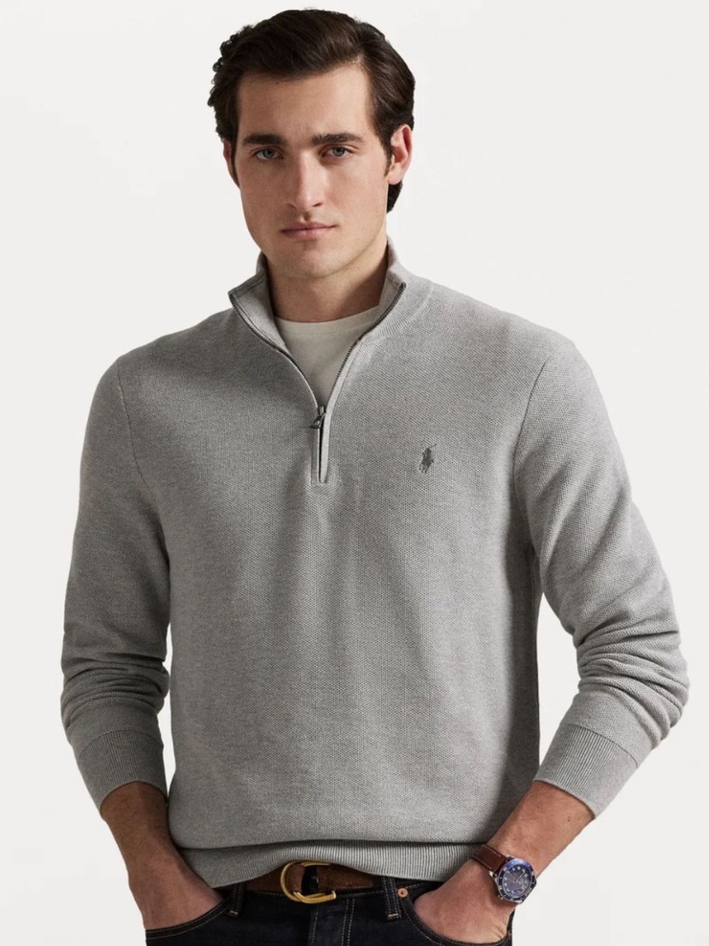 POLO Ralph Lauren Textured Mesh-Knit Pima Cotton Half-Zip Sweater